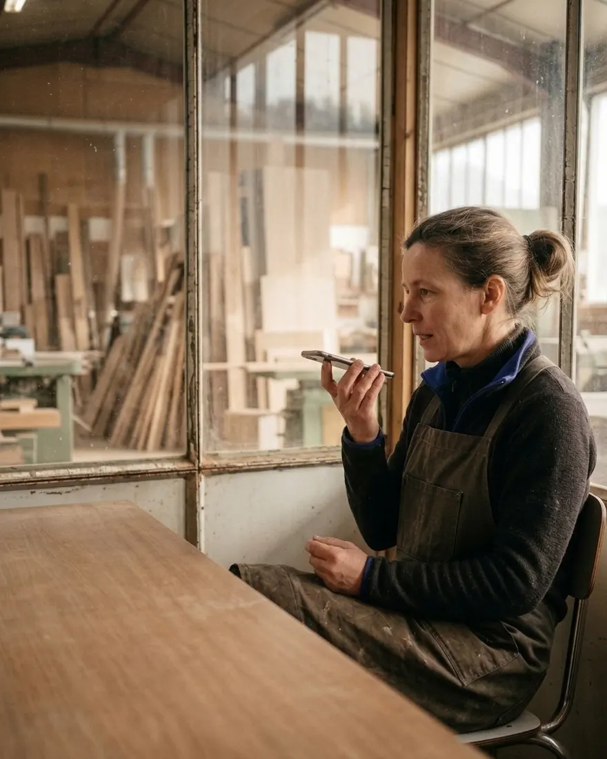 Le même artisan, téléphone en main