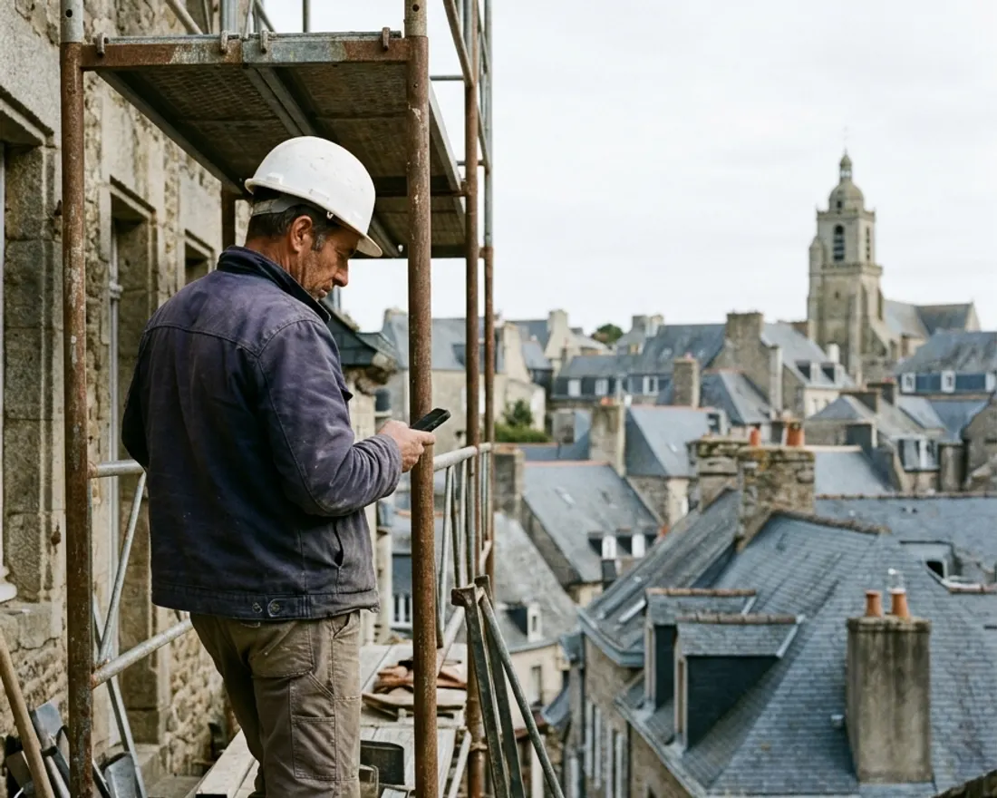 Couvreur sur un toit ou au pied de l'échafaudage
